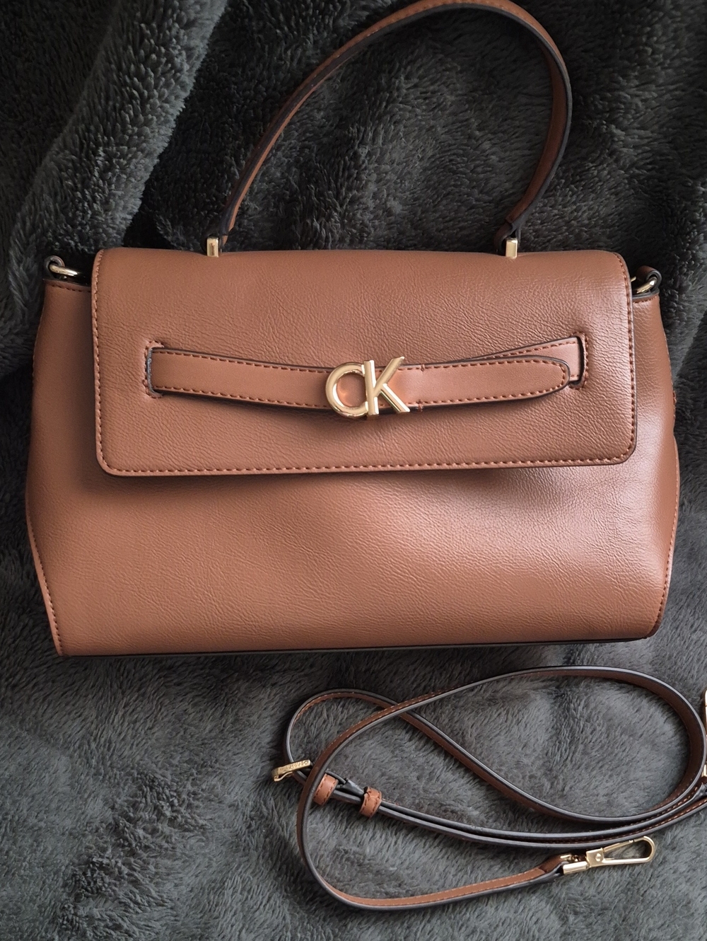 Calvin Klein Brown Leather Top-Handle Shoulder Bag with CK Logo